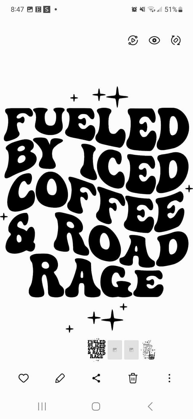 the words fueled by coffee and road rage written in black on white paper with various symbols