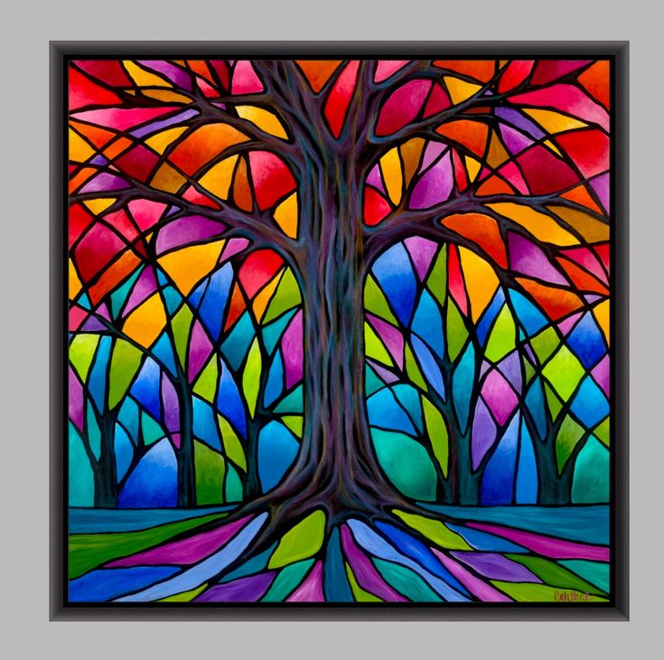 a painting of a tree with colorful stained glass in the center and bottom part of it