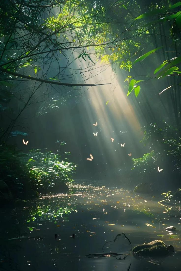 the sun shines through the trees and leaves on the water in the forest with butterflies flying around