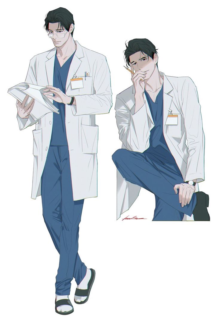 a man in a white lab coat and blue pants is holding a piece of paper