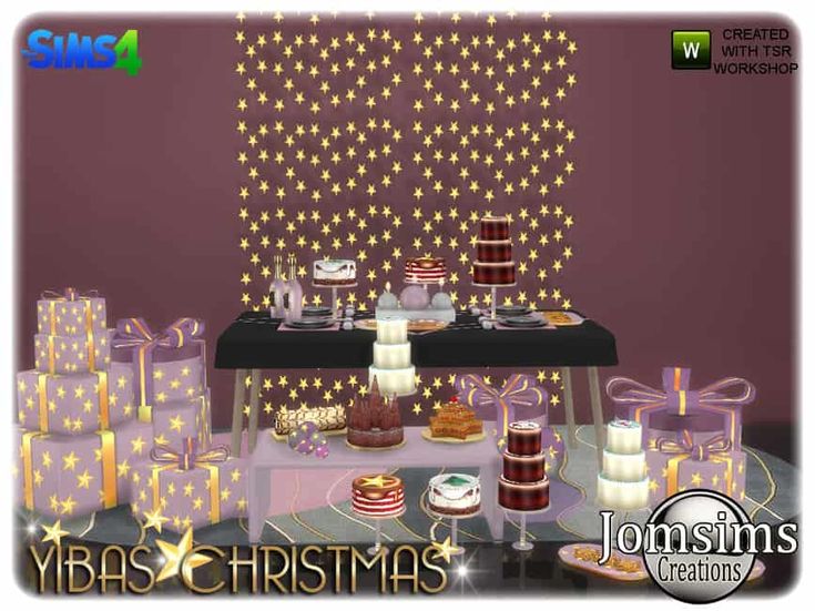 a table topped with lots of cakes and presents next to a christmas light display on the wall