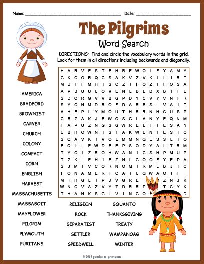 the pilgrim's word search is shown in this printable activity for children to learn