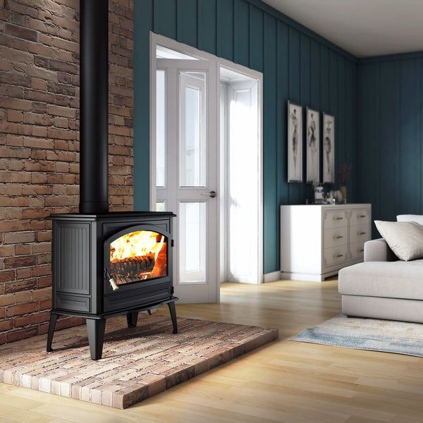 a wood burning stove in a living room