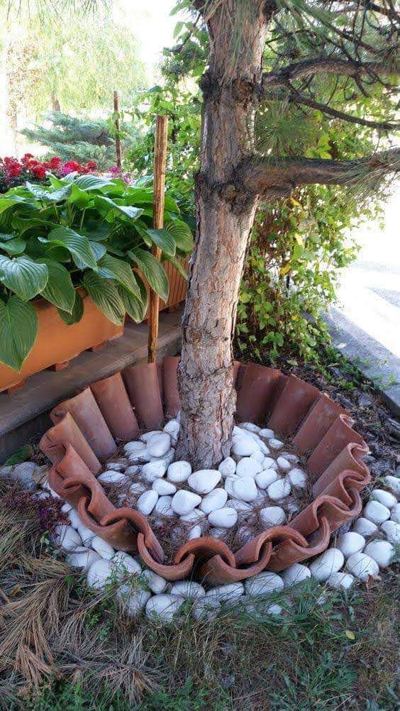 an outdoor garden with plants and rocks in the ground next to a large potted tree