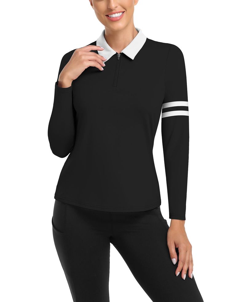 Ladies Long Sleeve Golf Polo - Black Golf Shirt Moisture Wicking Long Sleeve Shirt Half Zip Pullover Athletic Sporty Collared Tops For Fall, Athleisure Long Sleeve Tops For Workwear, Sporty Fall Tops For Work, Womens Thermal, Going For Gold, Sweat It Out, Coconut Tree, New Star, Top For Women