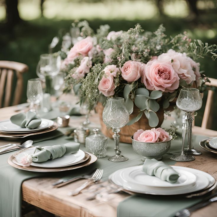 a wooden table topped with plates and vases filled with pink flowers on top of it