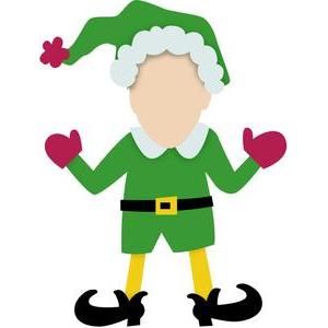 an elf with red gloves and green hat standing in front of a white background that says merry christmas