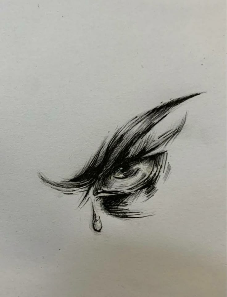 a drawing of an eye with tear coming out of the iris's lashes, on white paper