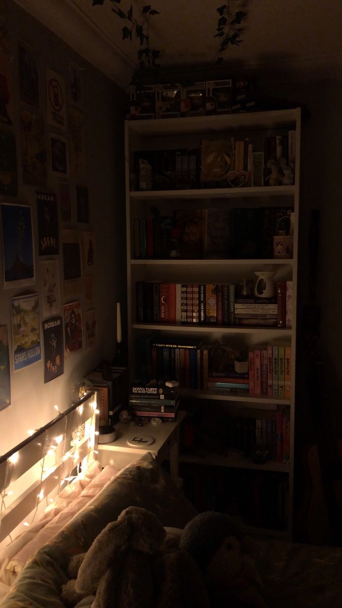 a bedroom with bookshelves and candles lit up in front of the bookcase