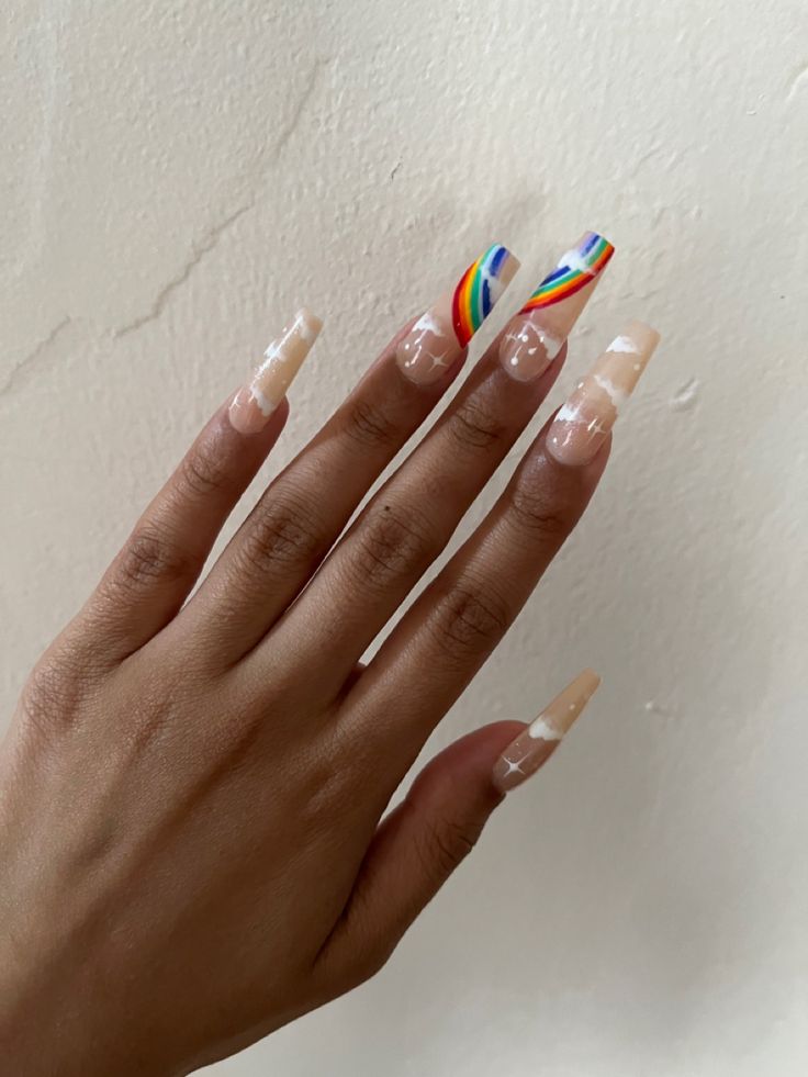 Rainbow And Cloud Nails, Clear Rainbow Nails, Pride Nails Acrylic Coffin, Rainbow Cloud Nails, Rainbow Nails Acrylic, Subtle Pride Nails, Rainbow Acrylic Nails, Pride Nails Designs, Pride Nail