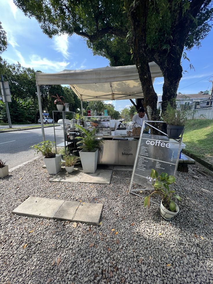 a man is cooking food under a canopy on the side of the road with potted plants