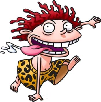 a cartoon character with red hair and leopard print shorts is jumping up into the air