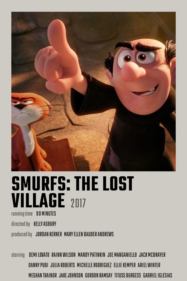 the movie poster for smurfs the lost village, which features two animated characters