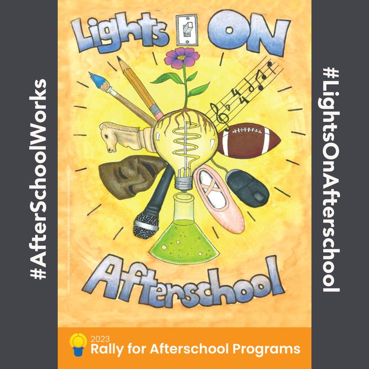 a poster with the words lights on afterschool and an image of sports equipment