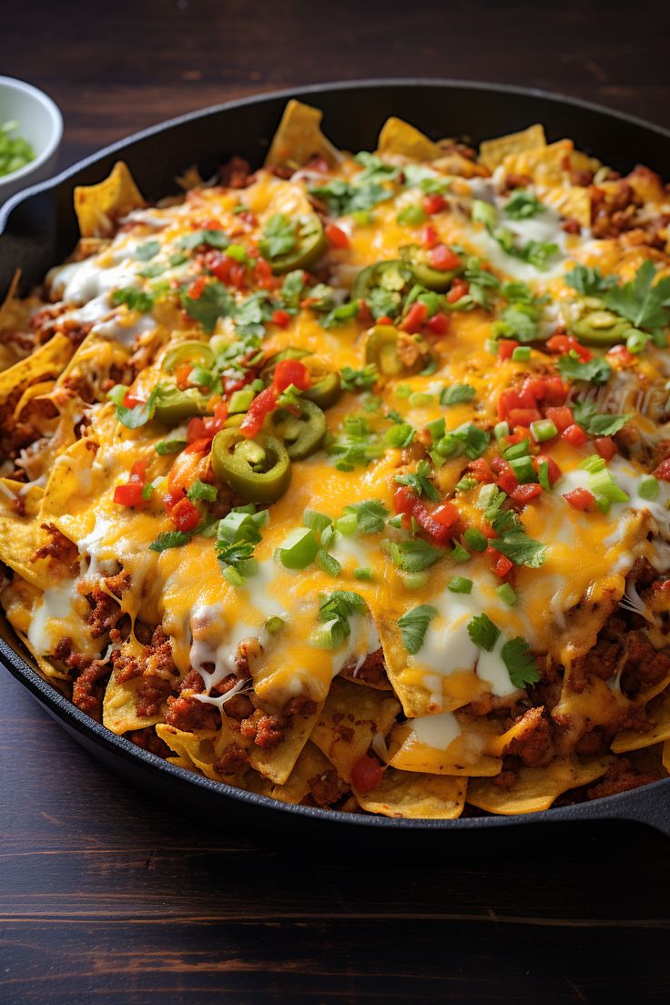 a skillet filled with nachos and cheese on top of a wooden table