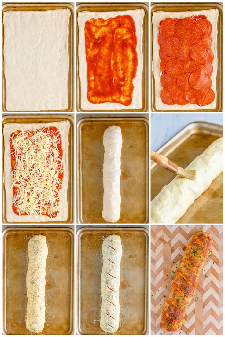 the steps to making pizza rolls are shown with different ingredients and toppings on them