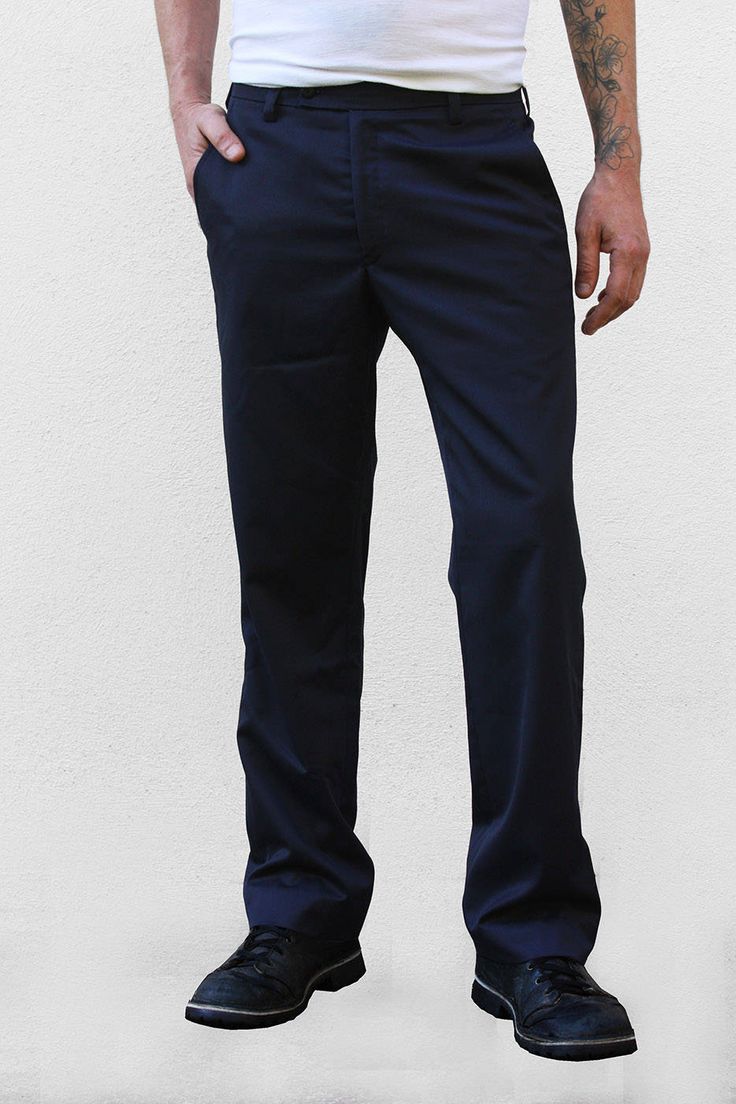 Blue suit pants, bootcut. Dark blue slacks, casual, for men. Silver grey flowing polycotton. Mens smart casual trousers. Classic suit pants fitting, flat front, bootcut. Two western pockets in front. Two rear welt pocket. Belt lining with stripes & flowers pattern printed cotton. Three points fastening : one visible button, invisible hook and button. Zip fly. Invisible hem closed by hand. S : waist circumference : 31½'- 80 cm, leg length : 39' - 99 cm M : waist circumference : 33½'- 85 cm, l Navy Business Casual Pants With Straight Hem, Navy Straight Hem Pants For Business Casual, Navy Straight Leg Business Pants, Business Cotton Pants With Flat Front, Slim Fit Full Length Work Pants For Business Casual, Navy Casual Dress Pants For Business Casual, Navy Straight Chinos For Business Casual, Navy Chinos For Business Casual, Business Chinos With Pockets And Full Length