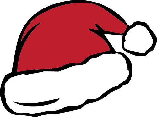 a red and white santa claus hat on a white background with black outline, for christmas