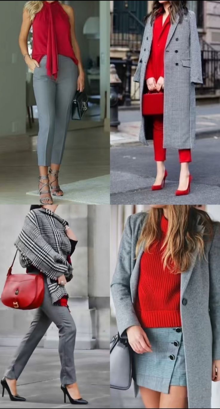 Colors That Go With Grey Outfits, How To Wear Grey Pants, Red Fall Outfits Women, Red Outfit Color Combos, Red And Grey Outfits For Women, Gray And Burgundy Outfit, Gray Color Combinations Outfit, Grey And Red Outfits, Red And Beige Outfit