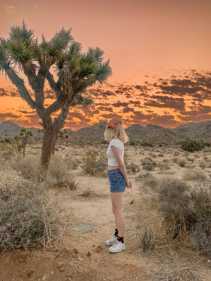 a woman standing in front of a joshua tree at sunset with the sun setting behind her