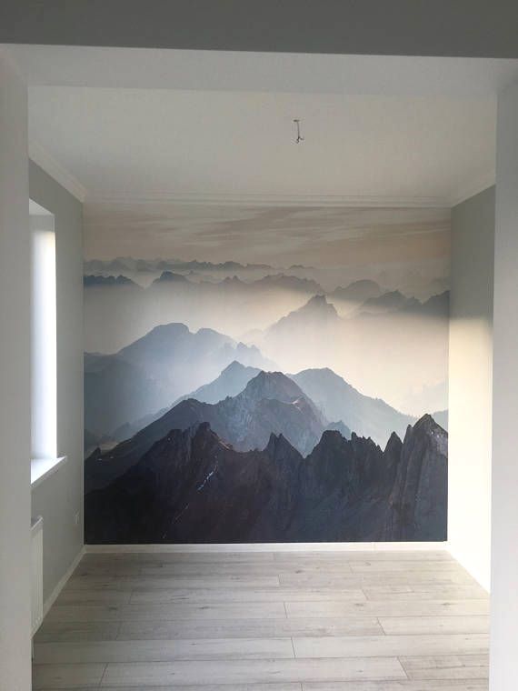 an empty room with mountains painted on the wall and wood flooring in front of it