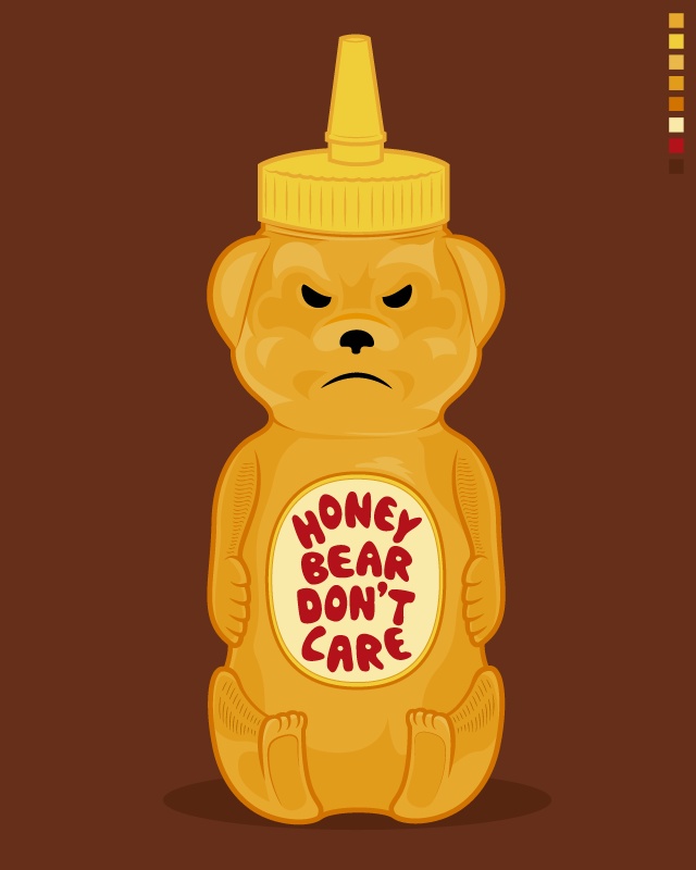 a cartoon bear holding a bottle with honey bear don't care written on it