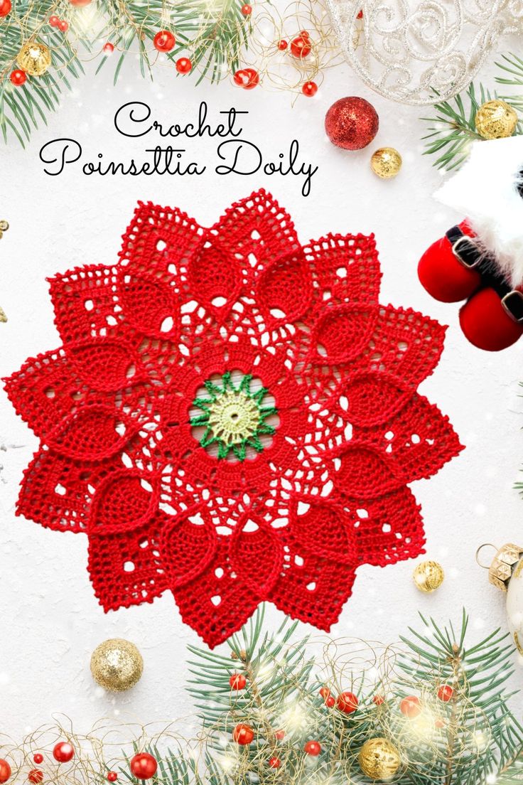 a crochet christmas doily is shown with ornaments around it