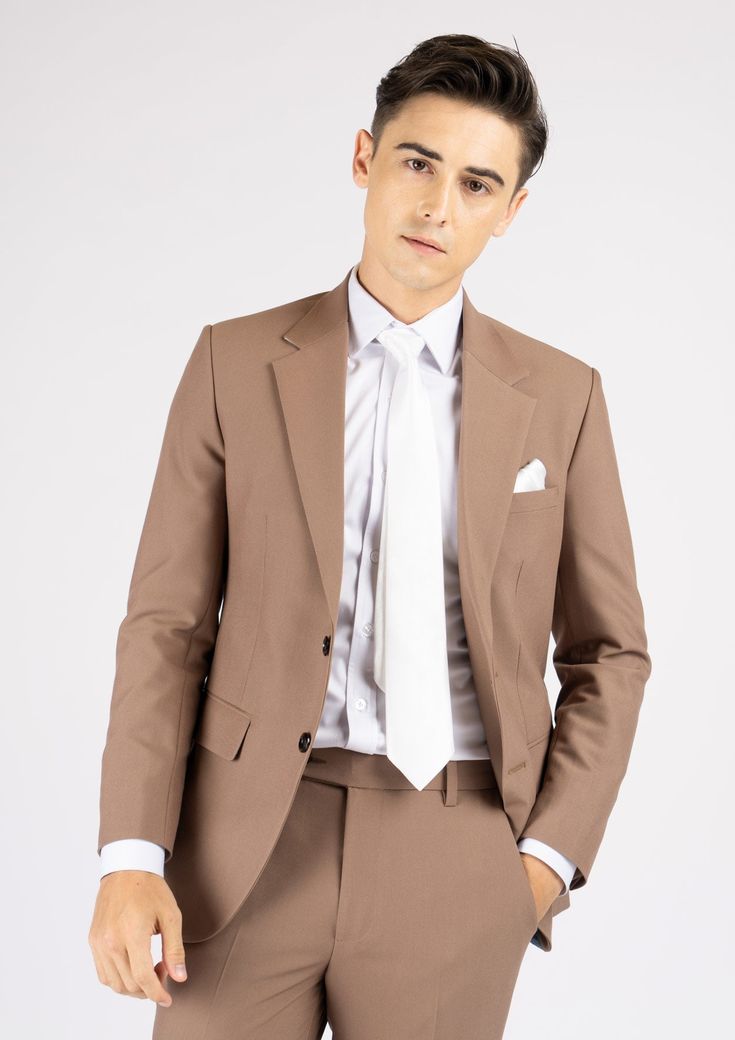 Experience the sophistication and comfort of the Astor Light Brown Stretch Suit, crafted from premium stretch cotton and designed with a timeless classic style. Its light brown hue is versatile for many occasions, so you can look effortlessly elegant without compromising on comfort. Brown Slim Fit Suit For Business Casual, Classic Brown Suits With Pressed Crease, Classic Brown Suit With Pressed Crease, Brown Slim Fit Suits For Business, Elegant Brown Flat Front Suits, Classic Brown Slim Fit Suit, Classic Beige Suit For Formal Occasions, Classic Beige Suits For Formal Occasions, Classic Brown Suit For Office