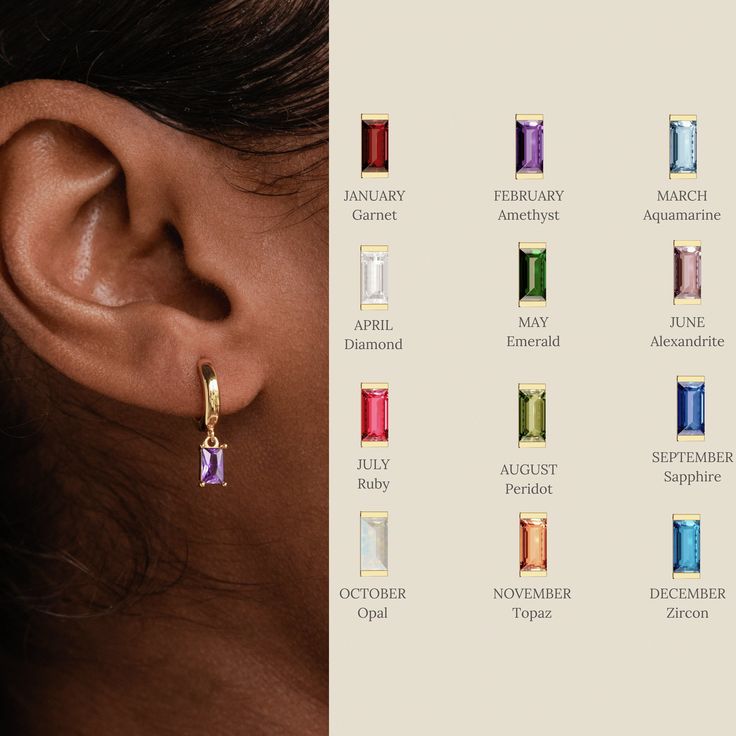 B A G U E T T E ∙ S T O N E ∙ H U G G I E S  Add color and sparkle into your jewelry collection with our baguette birthstone huggie earrings. These earrings are dainty with a tiny baguette charm in any month's birthstone. This is an easy gift for anyone who wants a little bit of personalization while still maintaining their subtlety. * Material: High Quality Solid 925 Sterling Silver  * Finish: 18K Gold  * Hoop Dimensions: ~7mm Inner Diameter | ~11mm Outer Diameter  * Featuring Birthstone Huggie Sweet 16 Birthday Gifts, Birthstones By Month, Sweet 16 Gifts, Personalized Makeup Bags, 16 Birthday, 16th Birthday Gifts, Birthstone Colors, H U, Custom Charms