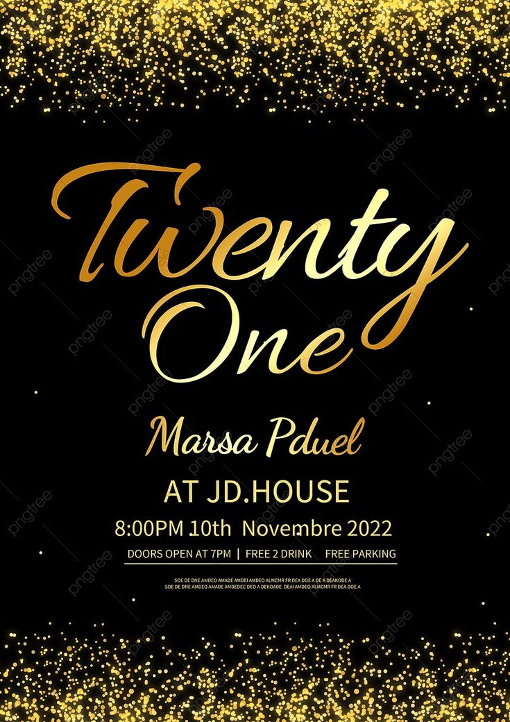 a black and gold birthday party flyer with glitters on the edges, in front of a