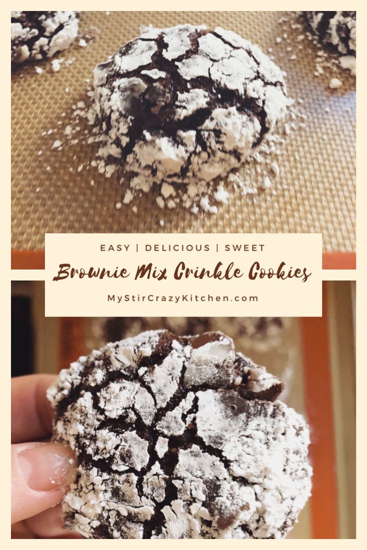 chocolate crinkle cookies with powdered sugar on top and the words easy delicious sweet brownie mix cookie