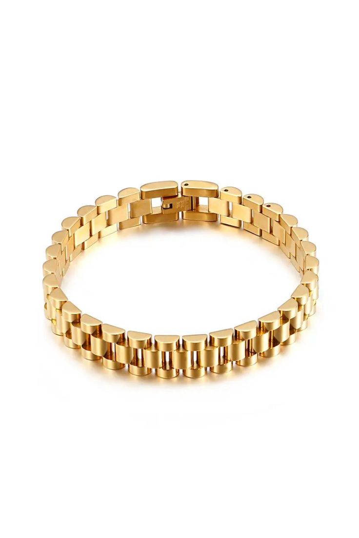 Our stainless steel watch strap bracelet in plated in 18K gold. Inspired by classic luxury watchbands, this bracelet will make a statement on its own. Wear it by itself or stack it with other bracelets. Comes in gold, silver and mix. Product detail Jewelry photos are enlarged to show detail. Each bracelet sold separately. 18K Gold plated, Silver plated Stainless steel Length 18cm Width 1mm Nickel and lead free Jewelry photos are enlarged to show detail. Packaging Every Ose purchase will arrive i Timeless Metal Gold Bracelet, Timeless Metal Bracelets With Rectangular Links, Timeless Metal Bracelet With Rectangular Links, Timeless Gold Metal Cuff Bracelet, Classic Gold-tone Metal Cuff Bracelet, Gold Stainless Steel Bangle Bracelet, Luxury Everyday Metal Bracelets, Classic Gold Cuff Bracelet With Oyster Detail, Luxury Gold Metal Cuff Bracelet