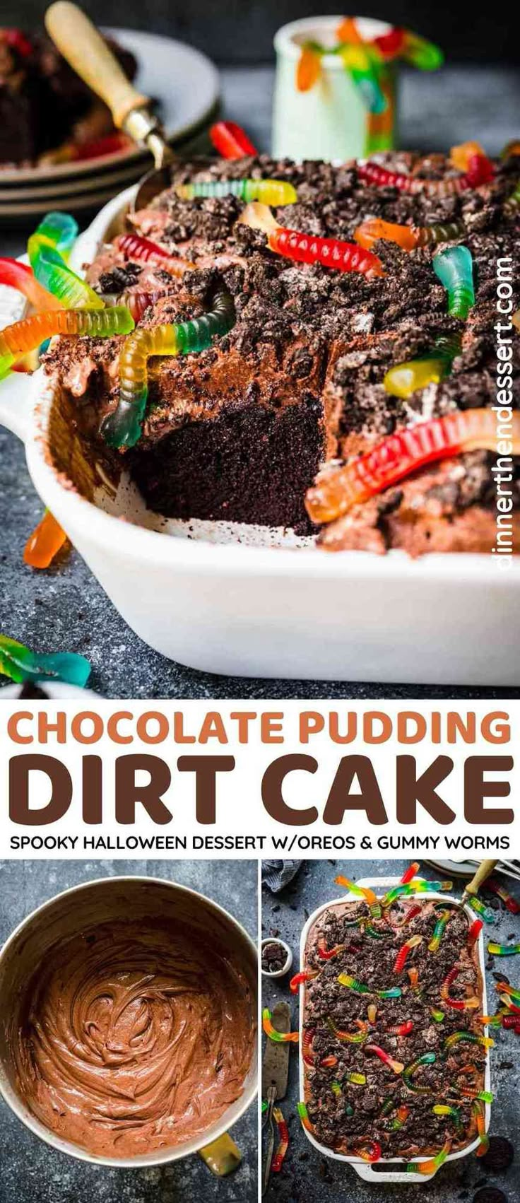 chocolate puddinging dirt cake with spooky halloween dessert words and gummy worms