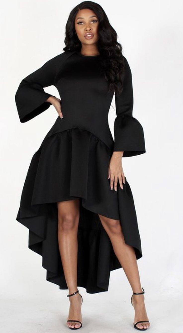 Black high low dress with bell sleeves. Pair this cutie with your favorite belt, boots or cute heels. Belt Boots, Black High Low Dress, Dress With Bell Sleeves, Cute Heels, African Design Dresses, African Design, Bell Sleeve Dress, Lookbook Outfits, High Low Dress