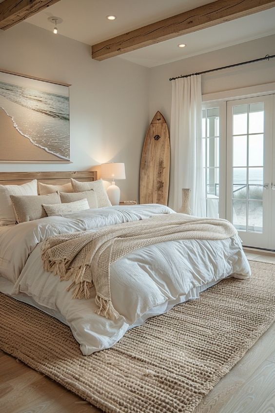 a large bed sitting in a bedroom next to a wooden door and window with white curtains