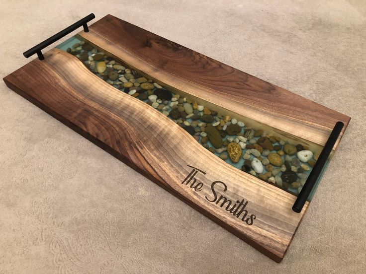 a wooden tray with rocks in it and the words, the smiths on it