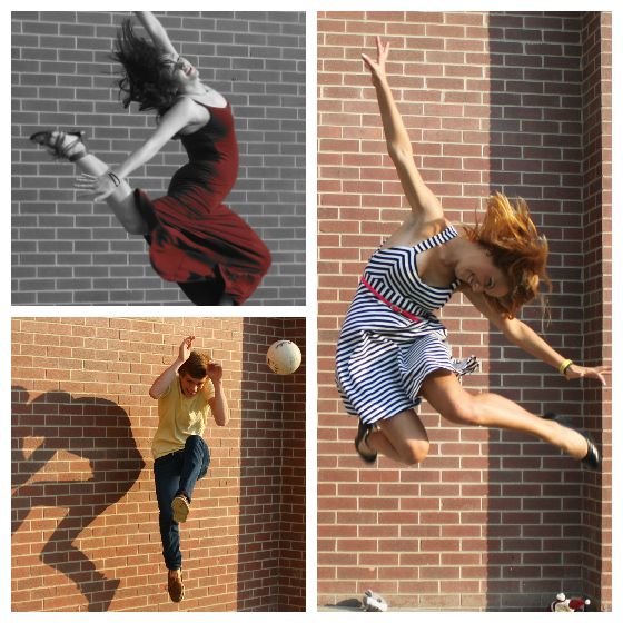 three pictures of people jumping and playing with a ball in front of a brick wall