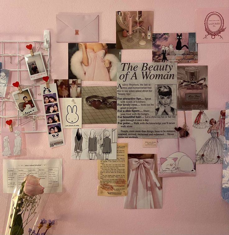 a pink wall covered in photos and pictures