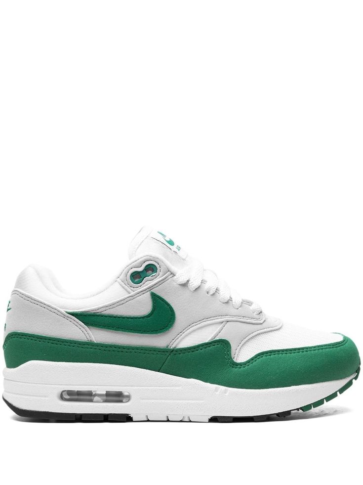 white/green calf leather signature Swoosh logo detail embroidered logo to the rear contrasting panel detail round toe front lace-up fastening logo patch at the tongue branded insole rubber sole with Max Air cushioning These styles are supplied by a premium and authenticated sneaker marketplace. Stocking only the most sought-after footwear, they source and curate some of the most hard to find sneakers from around the world. Nike Air Max 1, City Dress, Autumn 2024, Swoosh Logo, Iconic Bags, Fine Watches, Summer Beach Wear, Air Max 1, Ballet Flat Shoes