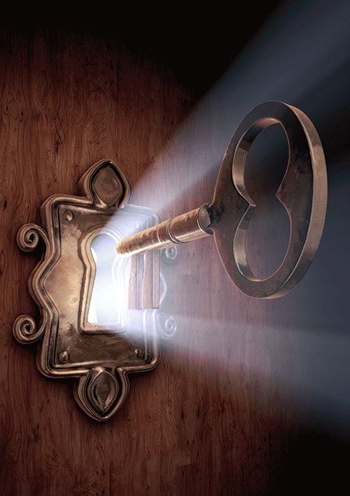 an open door with a key in it and light coming from the lock on top