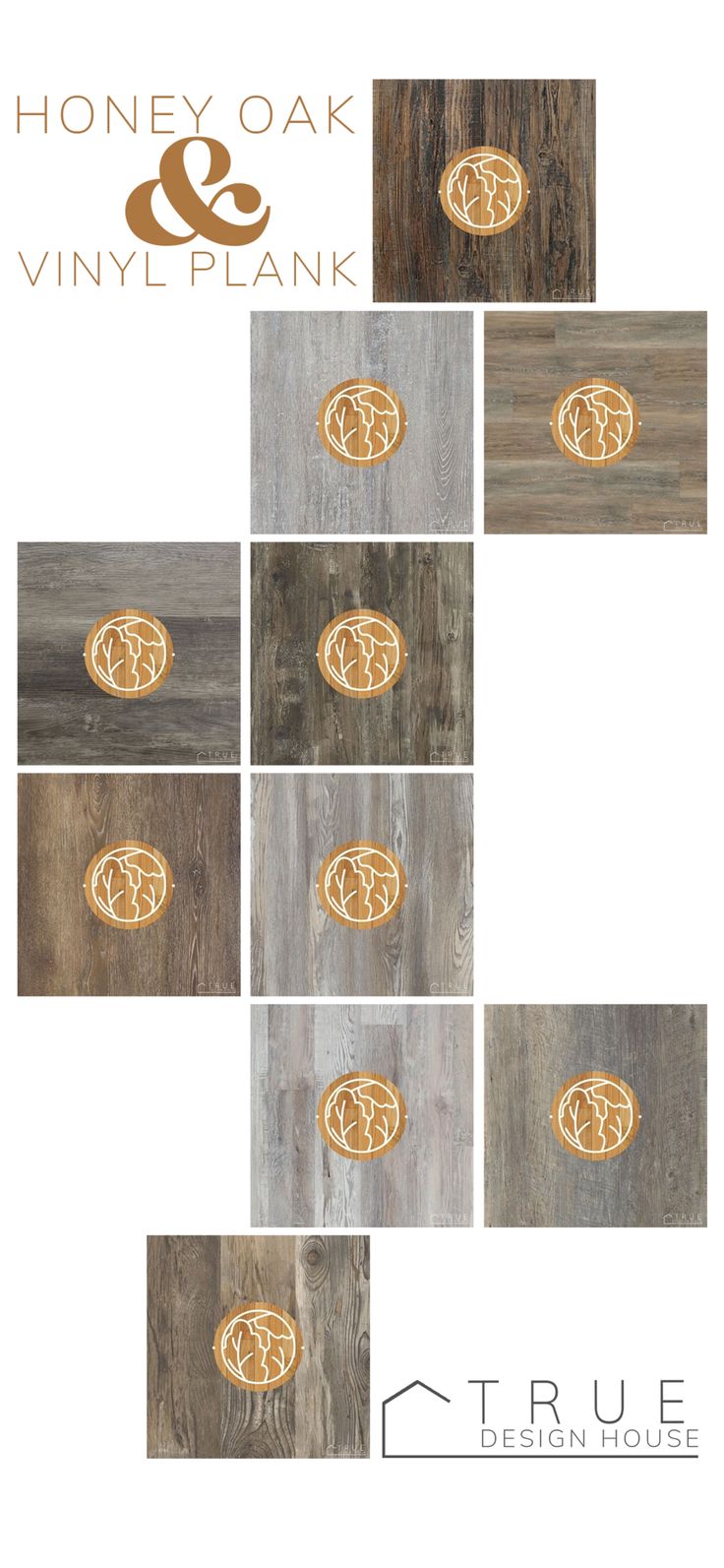 the logo for honey oak and vinyl planks is shown in four different colors, including brown