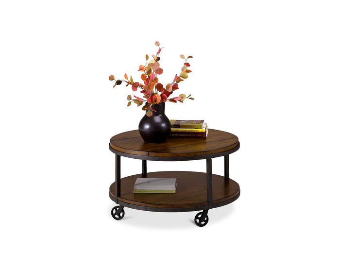 a wooden table with wheels and a vase on top