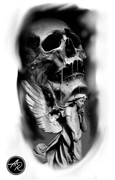 a black and white photo of a skull with wings on it's head,