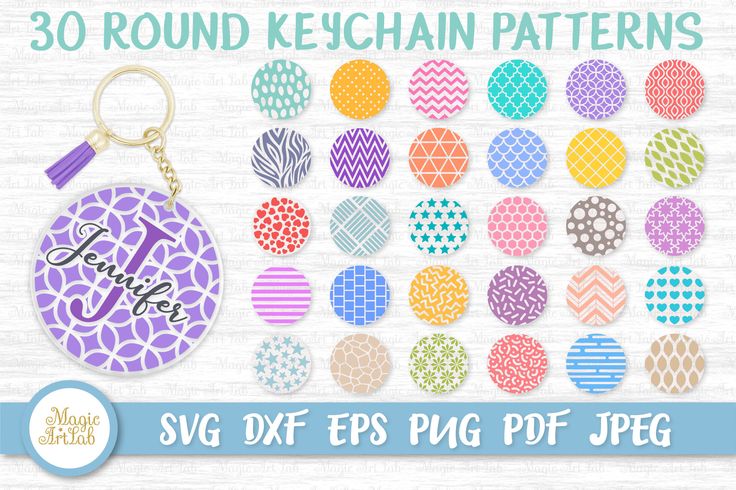 30 round keychain patterns with different colors and designs on them, including the word love