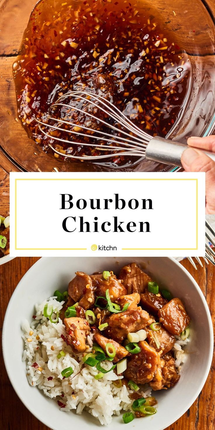 bourbon chicken served in a bowl with rice and green onions