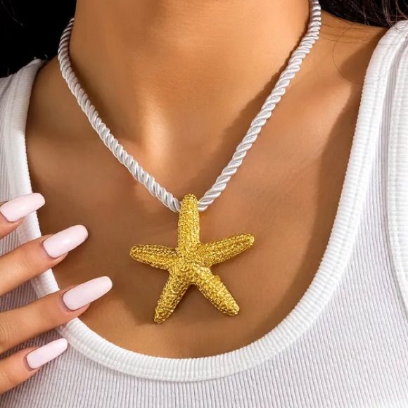 New Gorgeous Necklace #209 White Star-shaped Ocean-inspired Jewelry, Ocean-inspired White Star Jewelry, Ocean-inspired White Star-shaped Jewelry, White Star-shaped Jewelry With Starfish Charm, White Starfish Jewelry For Vacation, White Starfish Pendant Ocean-inspired Jewelry, White Starfish Beach Jewelry, White Necklace With Star Charm For Party, White Star Charm Necklace For Party