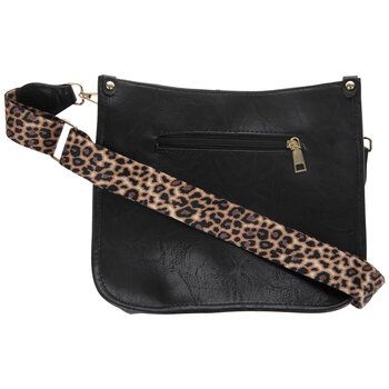 Keep your important items together in style! It's easy when you rock this Black Imitation Leather Crossbody Handbag. This black handbag has a leather-like texture and a zipper pouch. There are two smaller zippered pouches, one on the outside and one on the inside. Plus, the adjustable fabric strap has a leopard print pattern! This classic purse is sure to go with your favorite outfits. Details: 	 Length: 9 1/2" 	 Width: 10 3/4" 	 Thickness: 3" 	 Strap Drop Length: 15 1/2" Trendy Black Bag Strap For On-the-go, Edgy Black Bag With Adjustable Strap, Edgy Black Shoulder Bag With Adjustable Strap, Black Faux Leather Shoulder Bag For On-the-go, Black Crossbody Bag Strap With Removable Pouch, Black Edgy Bag With Detachable Strap, Edgy Black Bags With Detachable Strap, Edgy Black Shoulder Bag With Removable Pouch, Black Faux Leather Shoulder Bag With Cell Phone Pocket