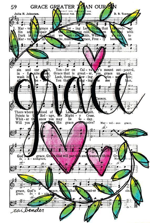 the words grace written on music sheet with hearts and leaves