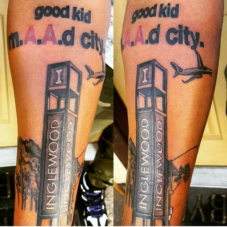 two legs with tattoos that say good kid and mad city