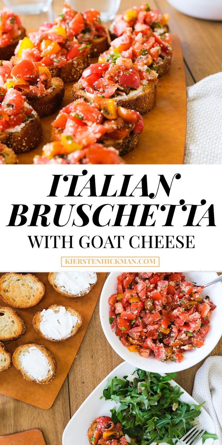 italian brusche with goat cheese and tomatoes on a cutting board next to bread